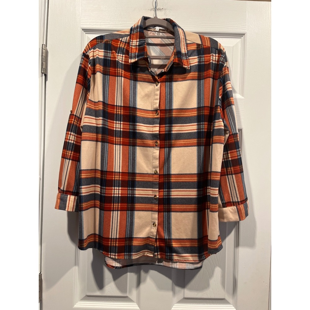 Eden And Olivia Orange Navy‎ Blue Plaid Button Down Shirt Womens Large Size L